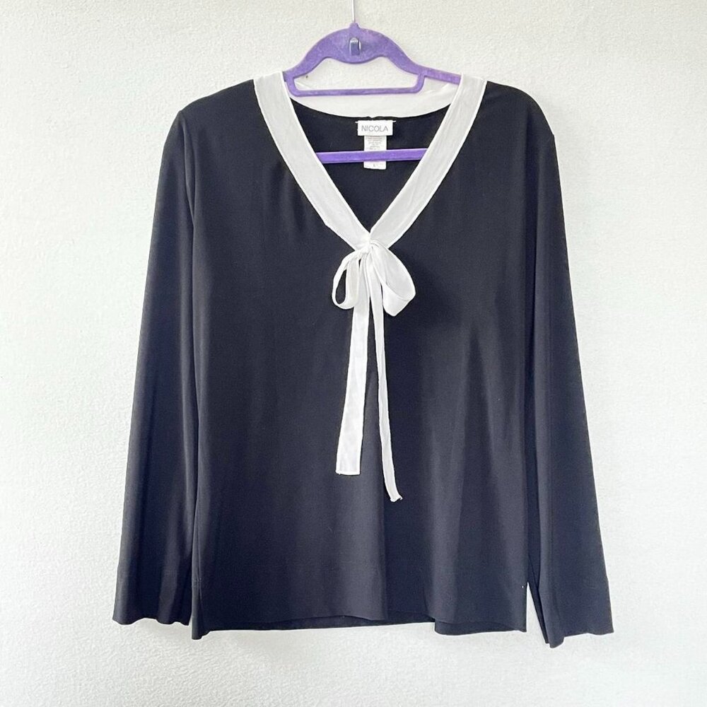 Vintage black blouse with cream trim and tie size L